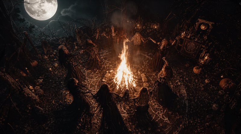 Coven of witches holding hands in a circle around a bonfire performing a ritual under a glowing f...