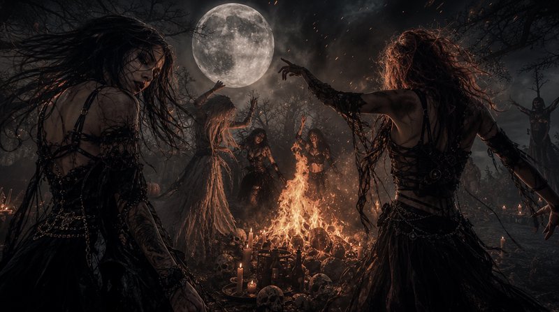 Coven of witches dancing around a bonfire during a dark ritual under a glowing full moon