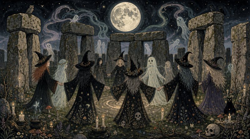 Coven of witches performing a ritual circle at ancient standing stones under a full moon with flo...