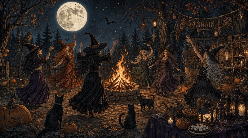 Group of witches dancing around a bonfire under a full moon at a nighttime Samhain celebration