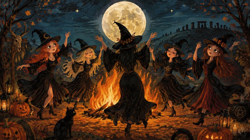 Coven of playful witches dancing around a bonfire under a glowing full moon on Halloween night