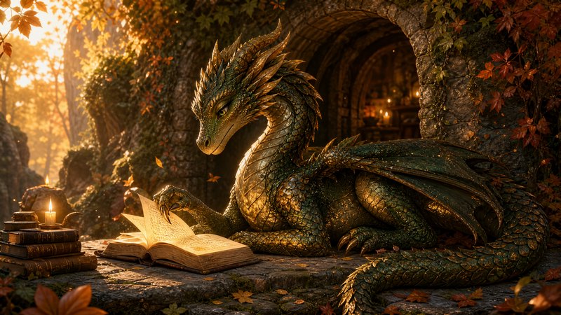 Iridescent green and gold dragon reads a glowing ancient book at a sunlit stone cave entrance
