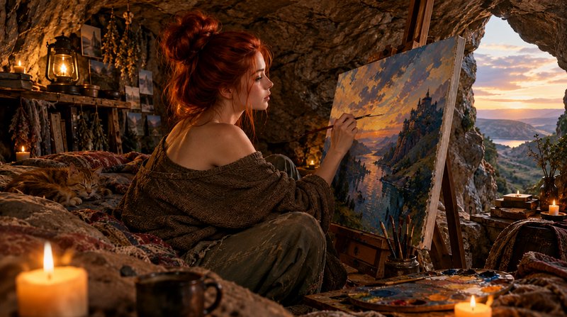 Red haired female artist paints a landscape on an easel inside a cozy candlelit cave home at gold...