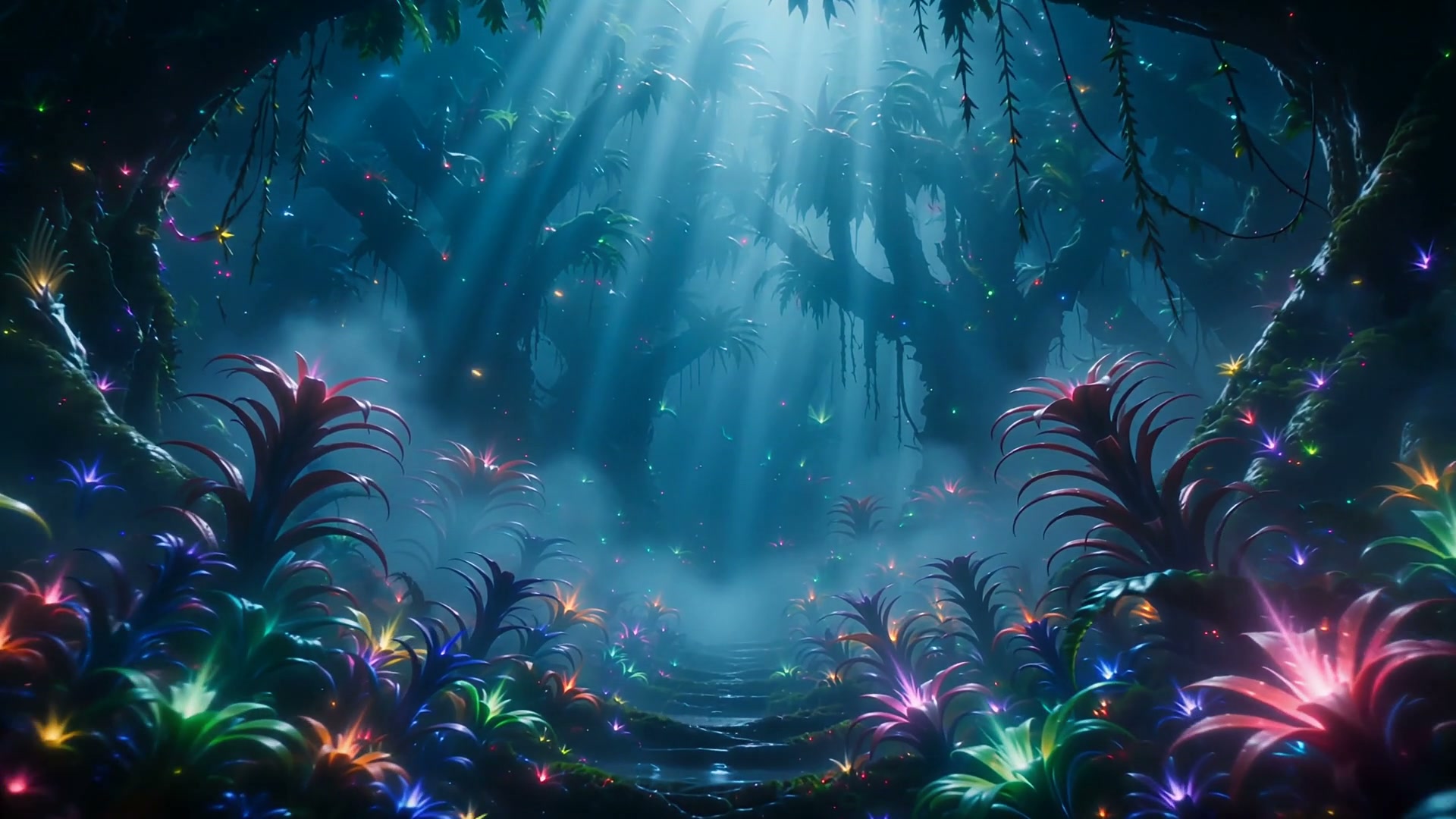 Bioluminescent glowing alien fantasy forest, with vibrant neon flora and ethereal sunbeams cuttin...