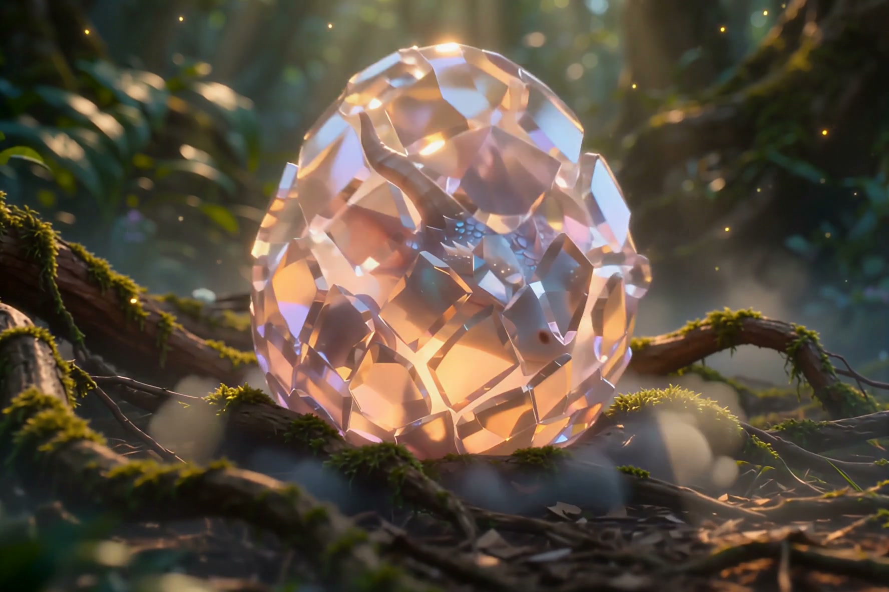 Faceted glowing crystal dragon egg rests on mossy sunlit enchanted forest floor, faint dragon out...