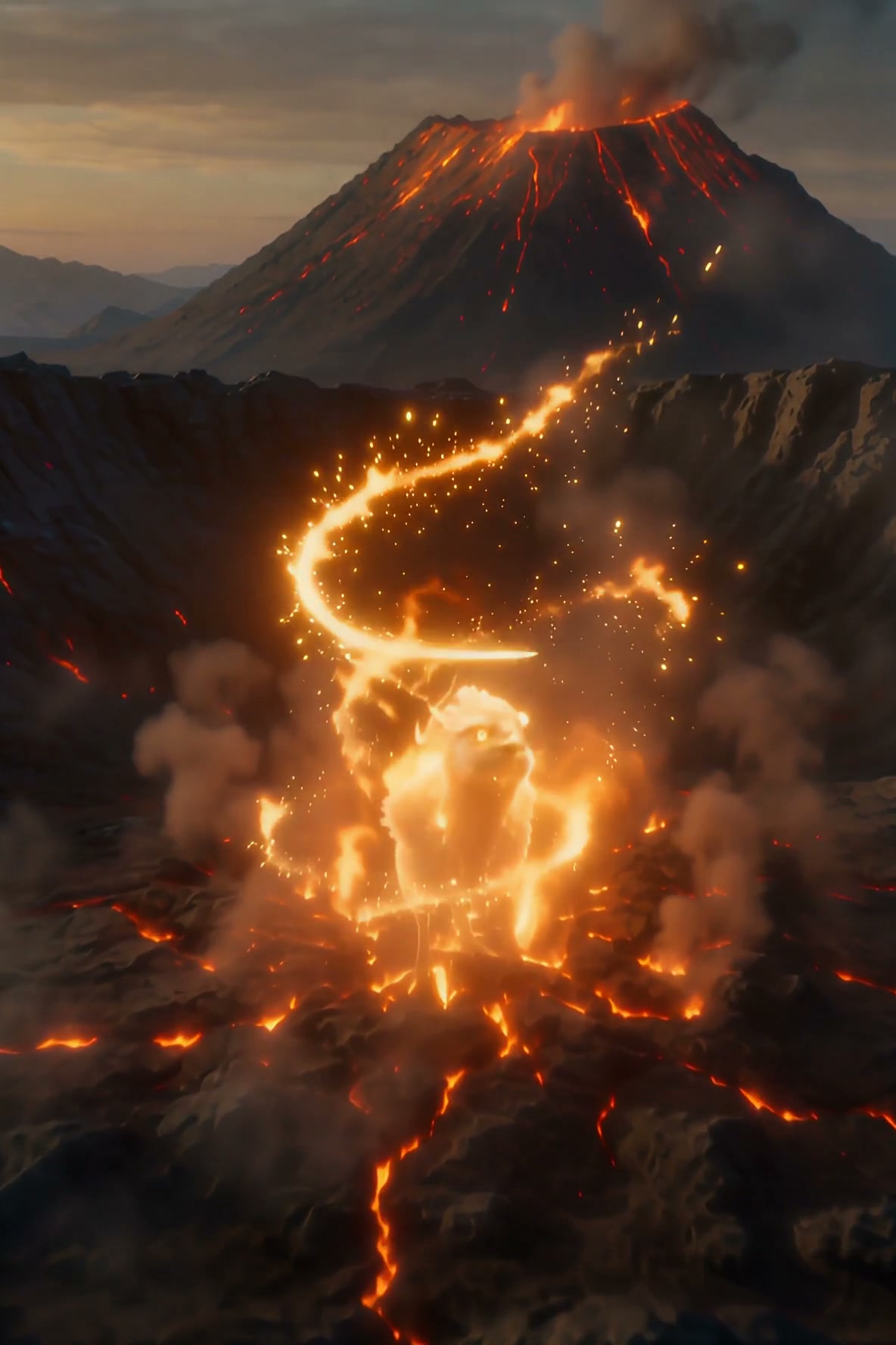 Glowing lava fox elemental spirit rises from a rocky volcanic crater, with an active erupting vol...