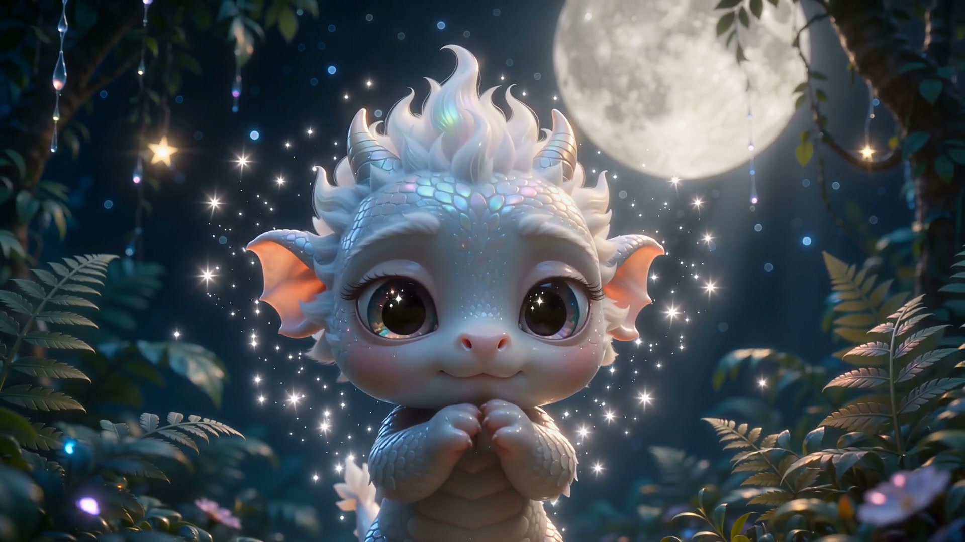 Adorable iridescent white baby dragon with big sparkly eyes stands in a moonlit enchanted forest ...