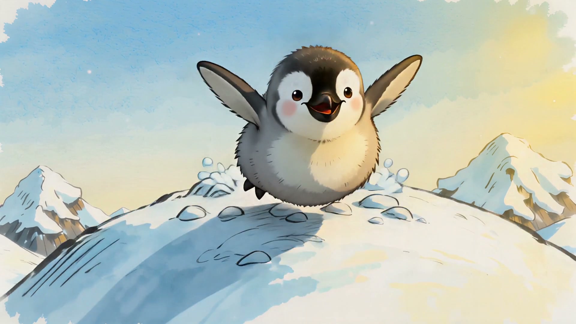 Cute fluffy baby penguin chick slides joyfully down a snowy sunlit slope, wings outstretched with...