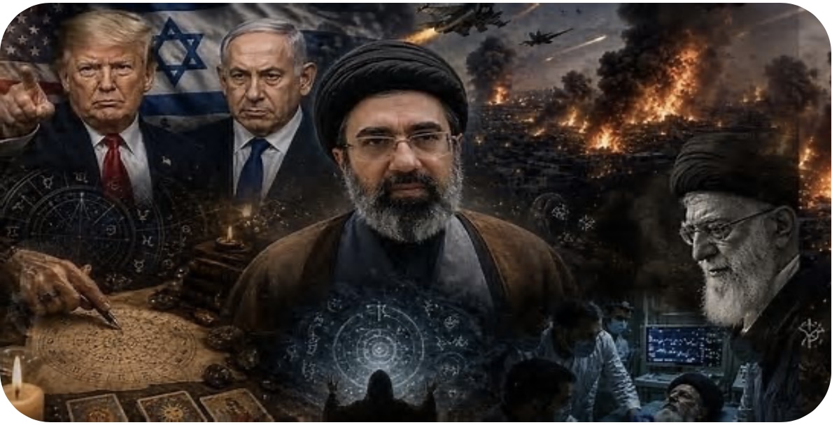 A collage with a bearded man in robes at center amid political figures, occult symbols, and a burning battlefield.