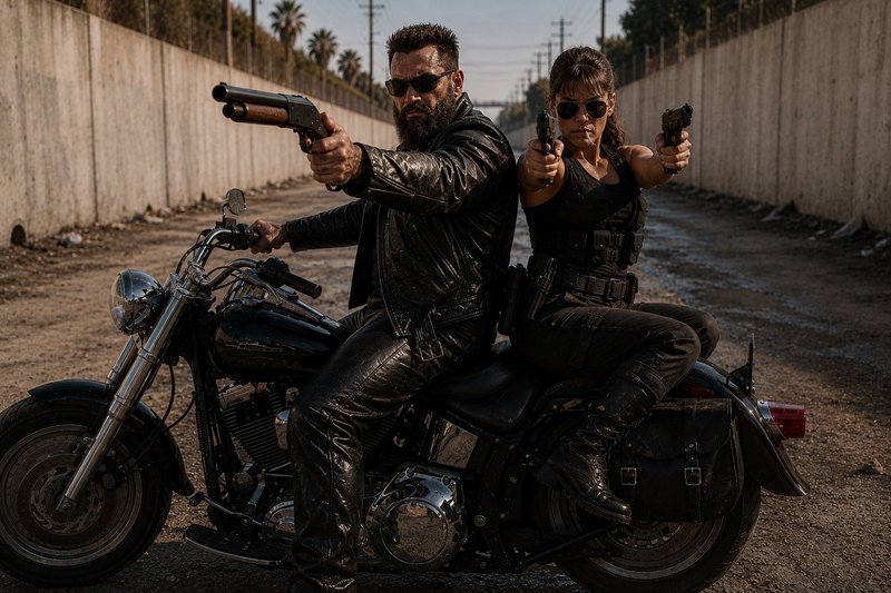 Two riders on a black motorcycle in a gritty alley, both in leather jackets and sunglasses, point...