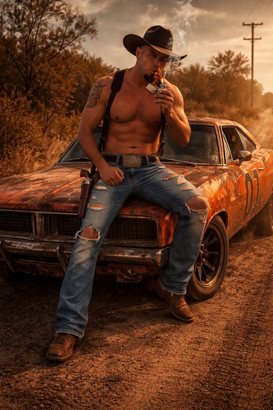 Rugged shirtless cowboy leaning on a rusted vintage car, smoking in a dusty desert setting.