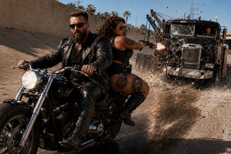 Bearded man drives a cruiser motorcycle as his tattooed female passenger fires a gun at a pursuin...