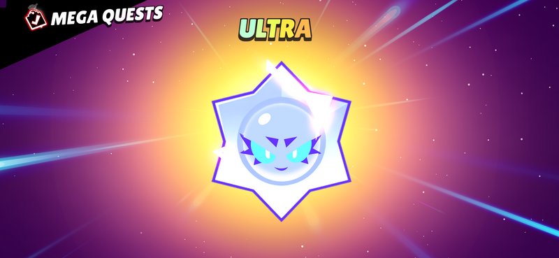 Glowing star shield emblem with a mischievous blue orb face on a purple cosmic background