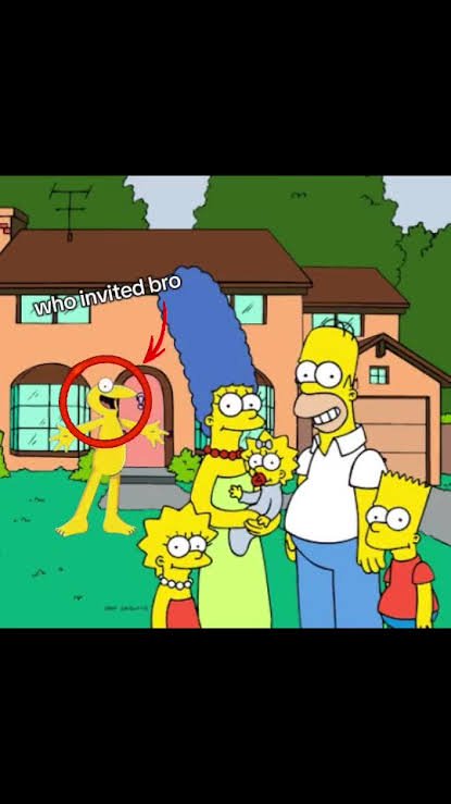 The Simpsons family posing outside their pink house with a red circle around a yellow cartoon cha...