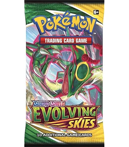 "Pokemon TCG Sword & Shield Evolving Skies booster pack featuring Rayquaza art,