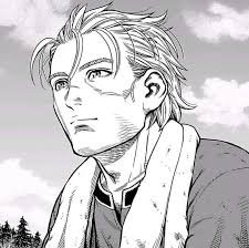 Grayscale manga panel of a scarred blonde male anime character, with a forest and cloudy sky back...