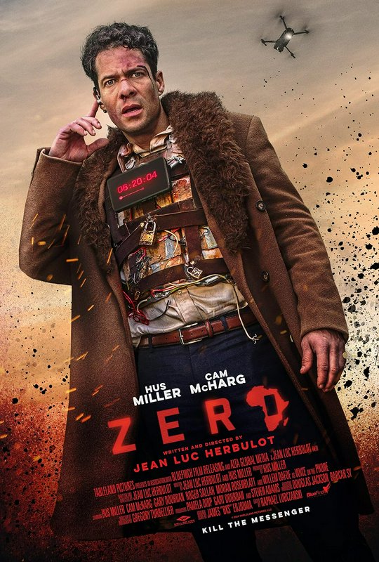 Official ZERO movie poster featuring a tense lead with a timed explosive vest, surveillance drone...