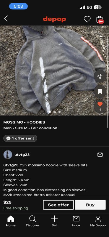 Screenshot of a Depop product listing showing a heather grey Y2K Mossimo pullover hoodie laid fla...