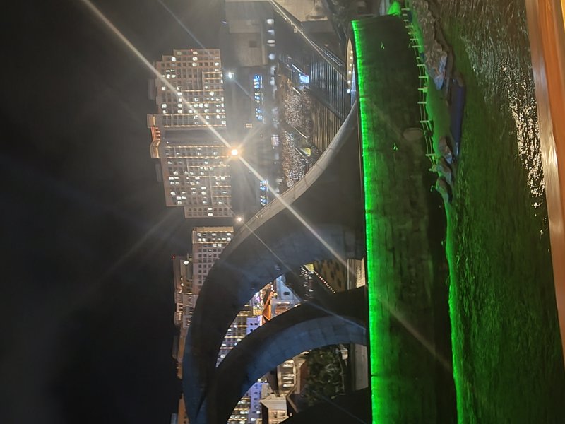 Night cityscape with curved concrete bridge arches over a river and green-lit railing at night.