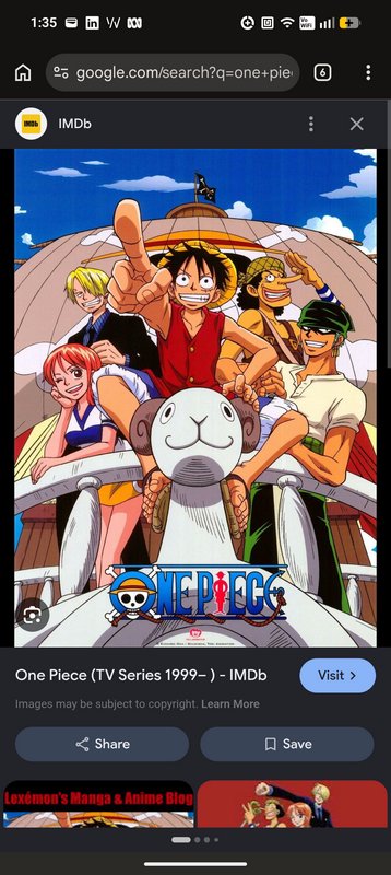 One Piece anime promotional art of the original Straw Hat crew posed on the Going Merry pirate sh...
