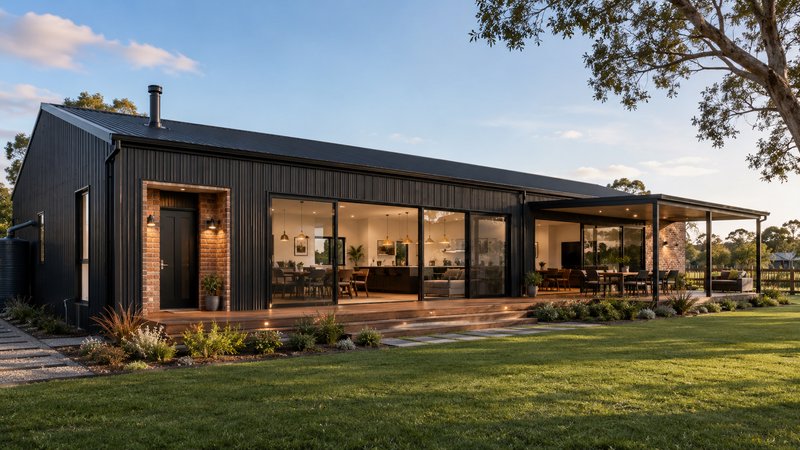 Sleek single-story black barndominium home at golden hour, with open sliding glass walls, covered...