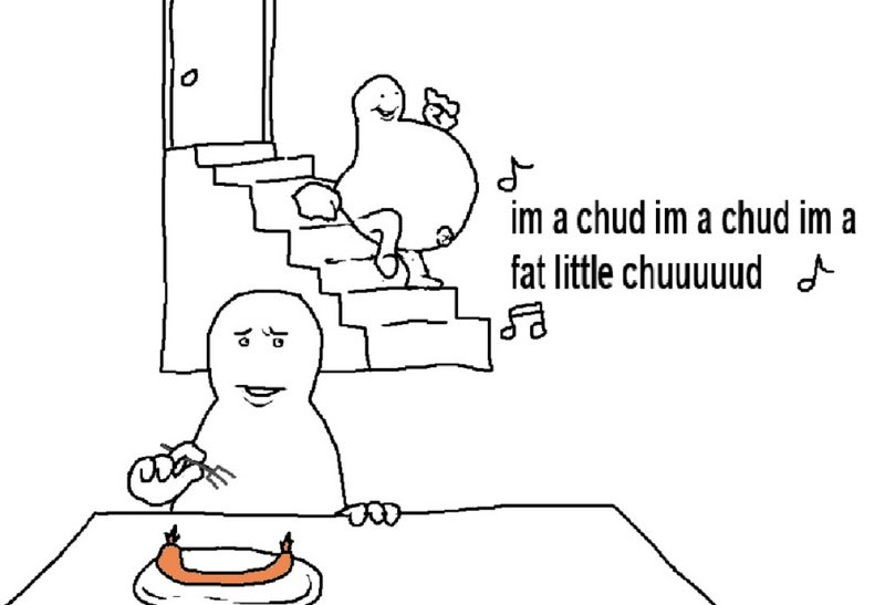 Simple black-and-white cartoon with two rounded figures; one sits at a table with a sausage while...