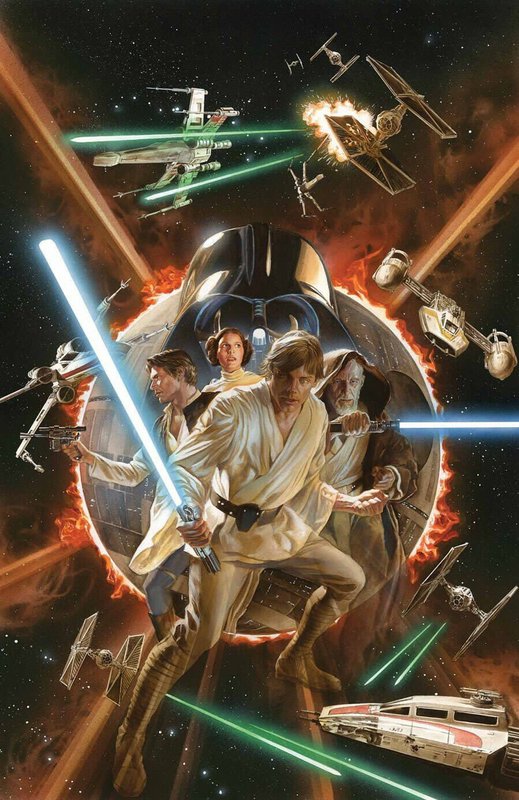 Classic Star Wars painted illustration showing original trilogy cast with lightsabers amid a spac...
