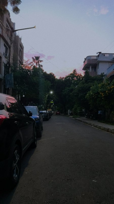 Twilight residential street with parked cars along the curb and trees against a pinkish-blue sky.