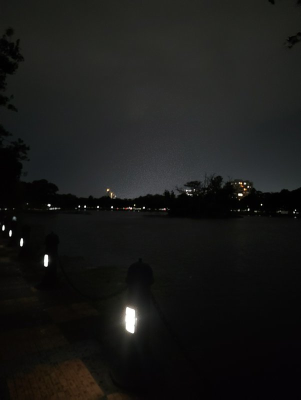Nighttime lakeside view with lit bollard path lights along the shore, distant city lights and tre...