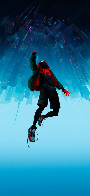 Miles Morales Spider-Man free falls mid-leap above a neon futuristic city, Into the Spider-Verse ...