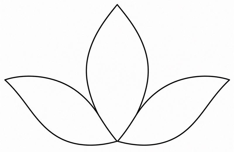 Minimalist black line art outline of a symmetrical three-petal lotus flower on a plain white back...
