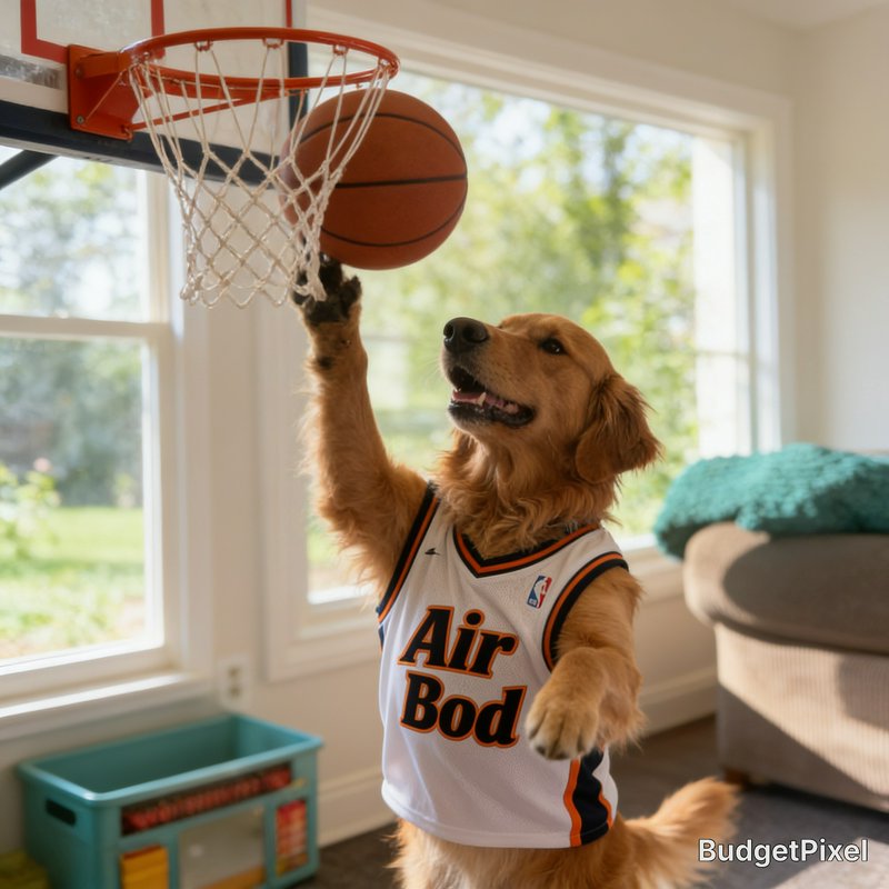 Golden retriever in a white basketball jersey dunking a basketball into an indoor hoop.