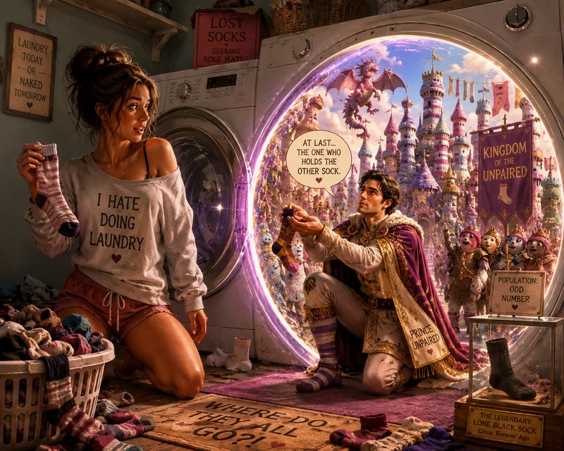 Whimsical surreal illustration: a woman doing laundry stares through a magic washing machine port...