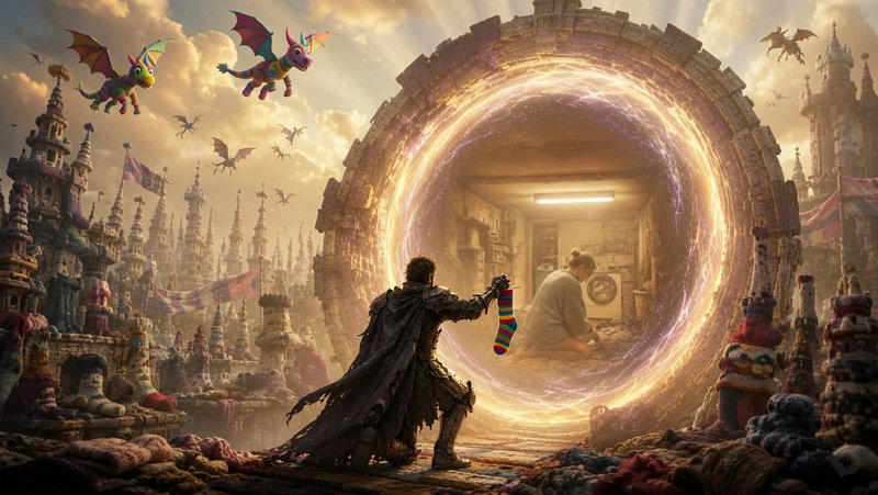 Armored knight holds a striped lost sock before a glowing magic portal linking a fantasy sock kin...