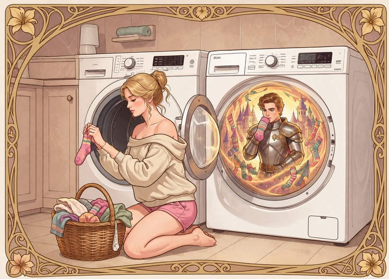 Art nouveau illustration: Woman doing laundry, armored knight inside glowing magical washing mach...