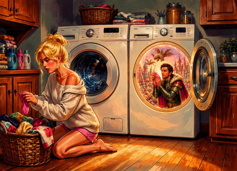 Surreal illustration of woman folding laundry, medieval knight holding matching sock inside a mag...