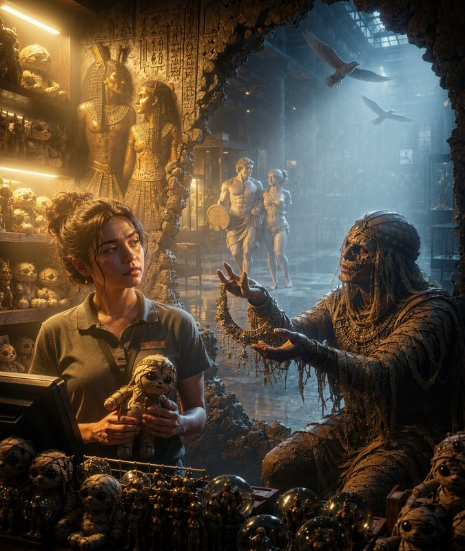 Surreal fantasy scene of a retail shop clerk holding a mummy plush, speaking to an ancient Egypti...