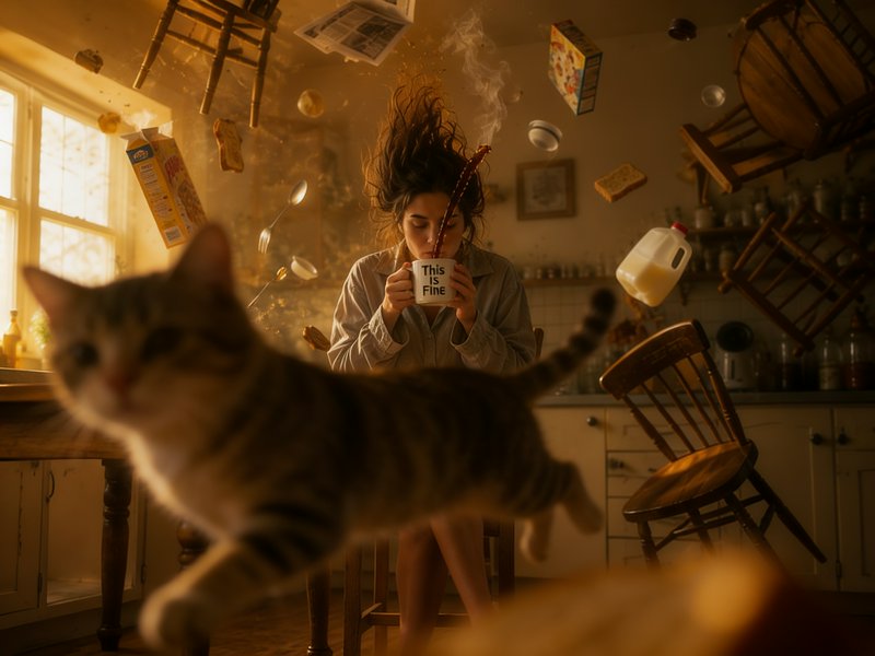 Woman holding "This is Fine" mug amid floating kitchen items, motion-blur tabby cat in foreground...