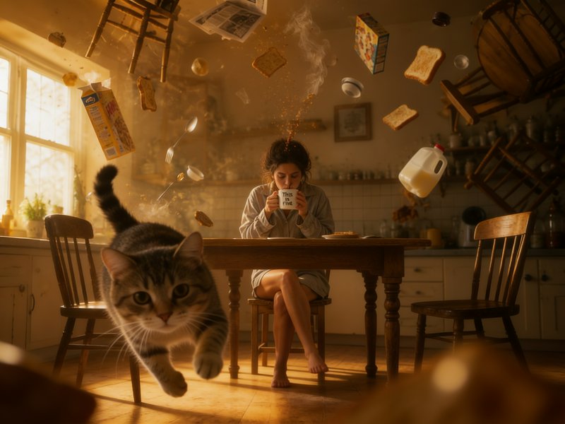 Surreal chaotic kitchen scene, woman drinks "this is fine" coffee as objects float, tabby cat lea...