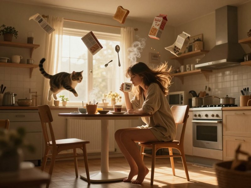 Surreal sunlit kitchen scene, woman sips coffee as tabby cat and breakfast items float weightless...