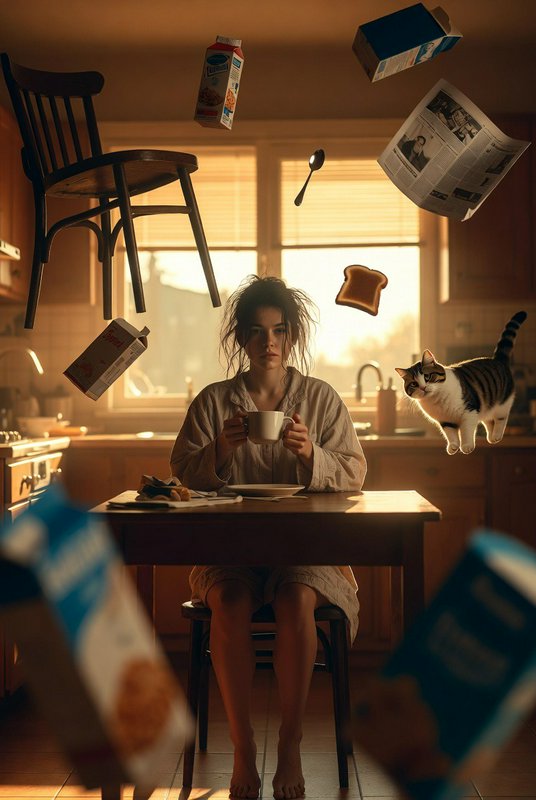 Disheveled tired woman holds coffee while breakfast items and a tabby cat float around her sunlit...