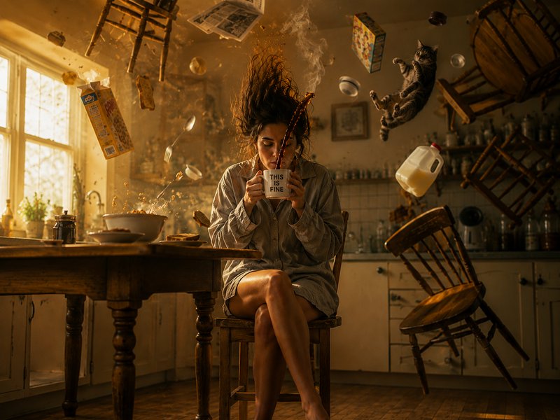Woman sips from a "THIS IS FINE" mug as kitchen items and a cat float chaotically around her sunl...