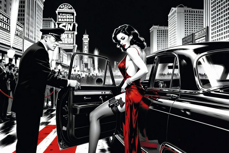 [Neo-noir illustration of glamorous starlet in red gown exiting vintage limo, chauffeur holds door at red carpet city event]