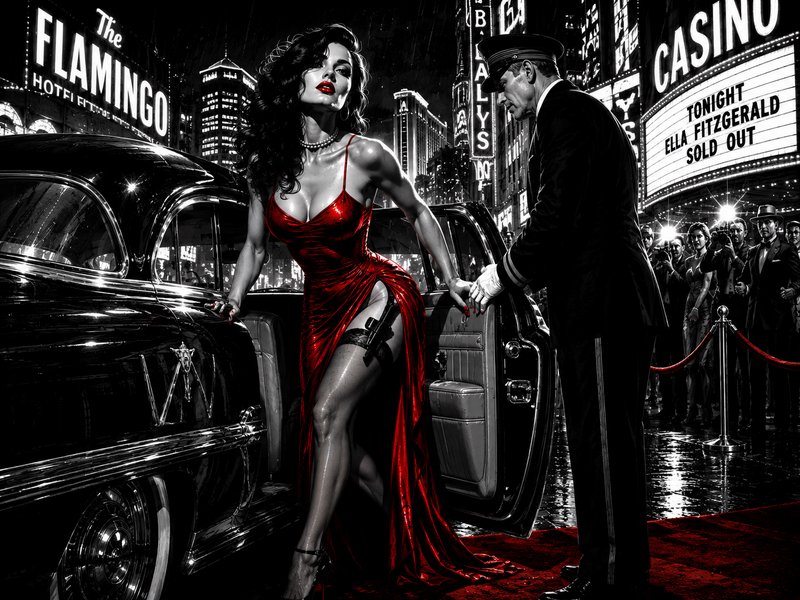 Glamorous femme fatale in red satin gown exits vintage limousine on rain-soaked 1950s Las Vegas r...