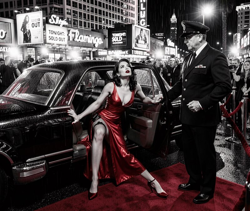 Glamorous starlet in red satin gown exits vintage limo onto red carpet at a rainy retro Hollywood...