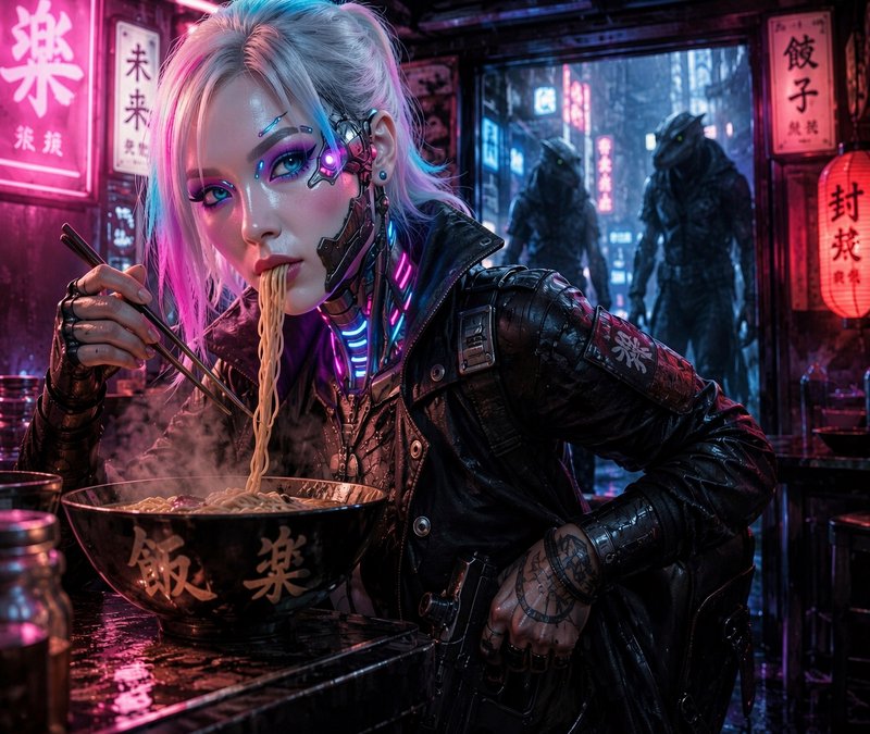 Cyborg cyberpunk woman eats steamy ramen at a neon-lit rainy futuristic East Asian street stall, ...