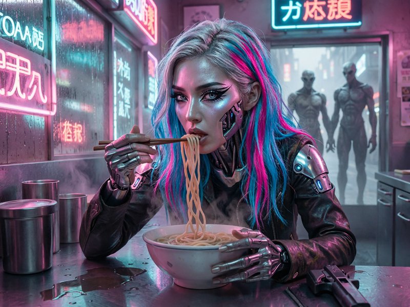 Cyborg woman with pink blue streaked hair eats ramen at a neon-lit rainy cyberpunk noodle shop, a...