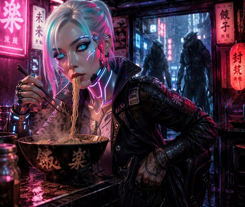 [Female cyberpunk cyborg with glowing neon implants eats ramen at a rainy neon Tokyo street stall, armored figures approac...