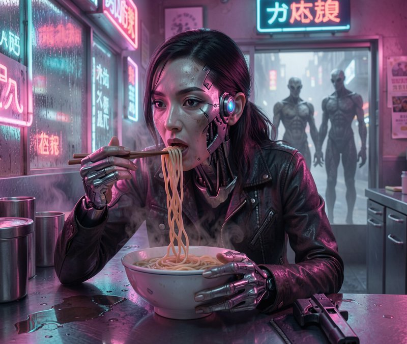 Cyberpunk cyborg woman eats ramen at a neon-lit noodle shop as synthetic androids stand outside t...