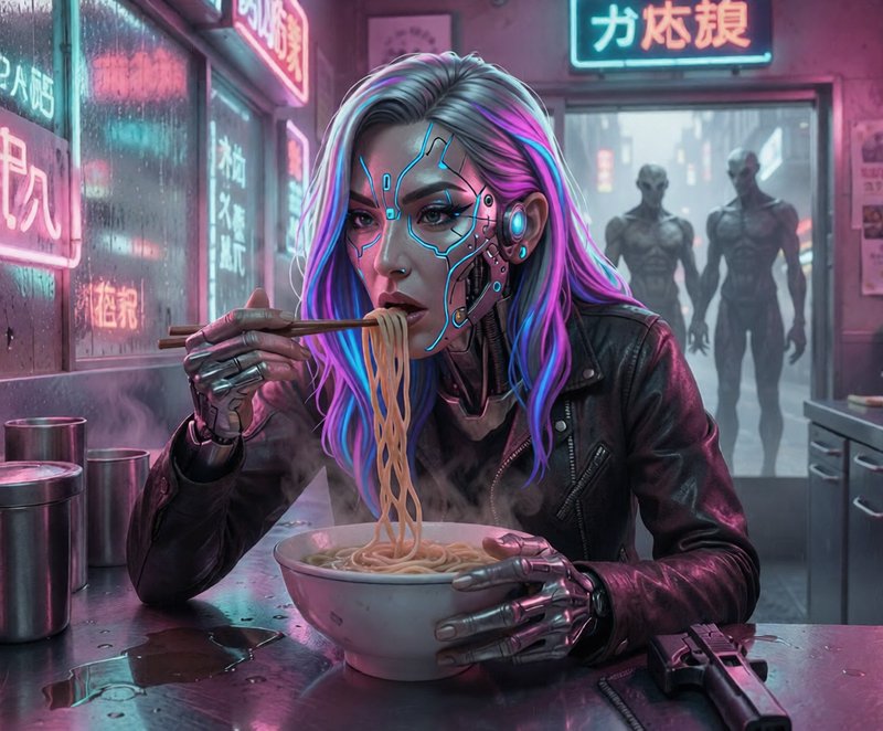 Cyborg woman with neon purple-blue hair eats ramen at a gritty futuristic cyberpunk noodle shop, ...